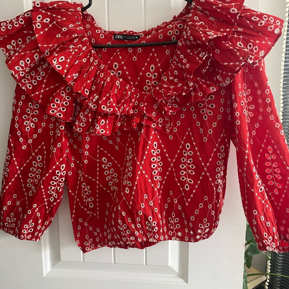 Zara Scarlet Patterned Ruffle Blouse